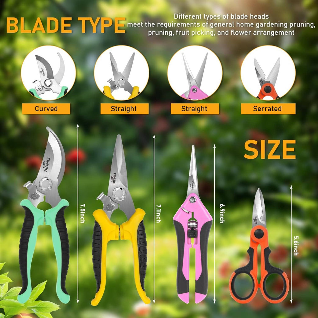 Garden shears set with curved, straight, and serrated blades in multiple sizes.