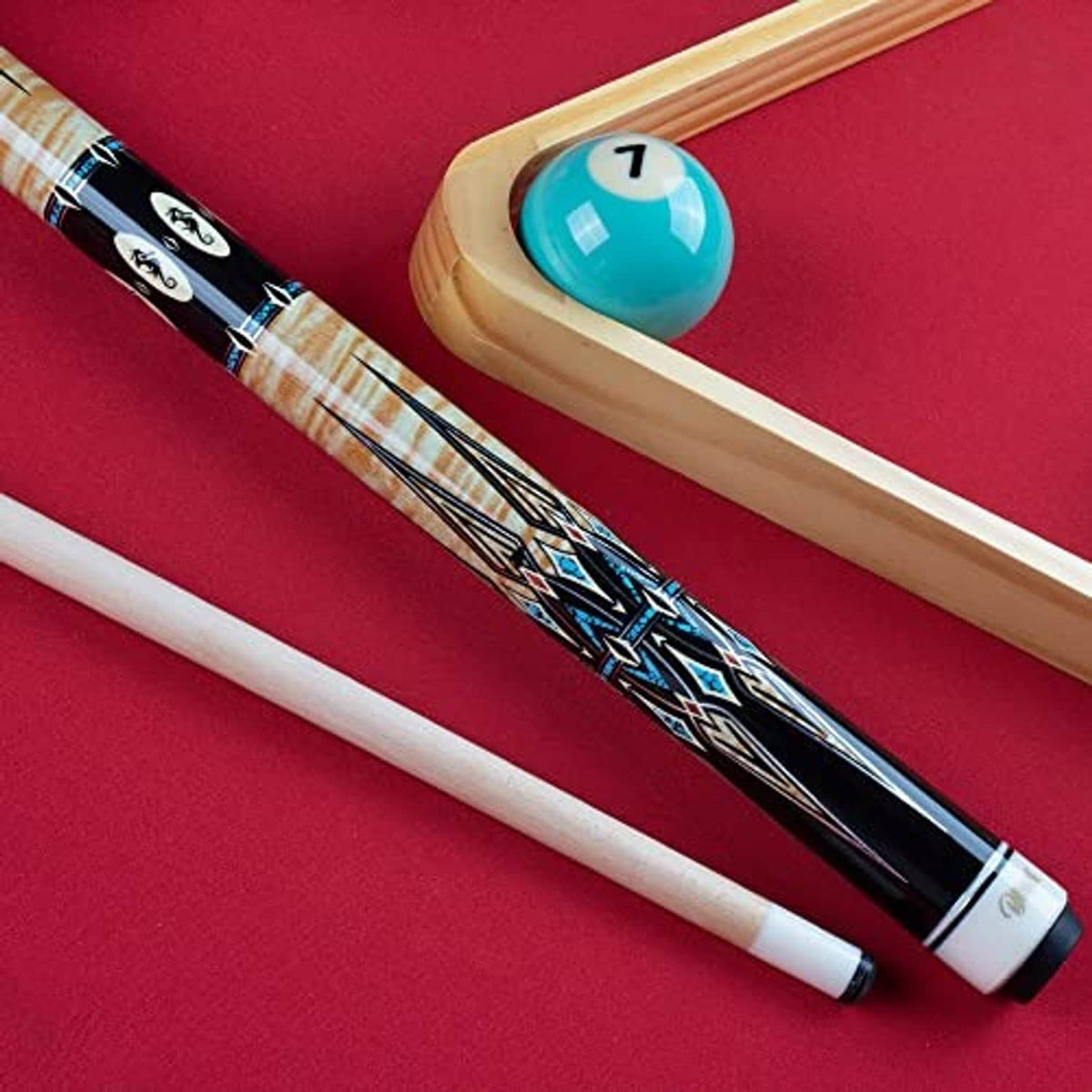 Pool cue stick with black butt, blue geometric inlays, and light wood shaft