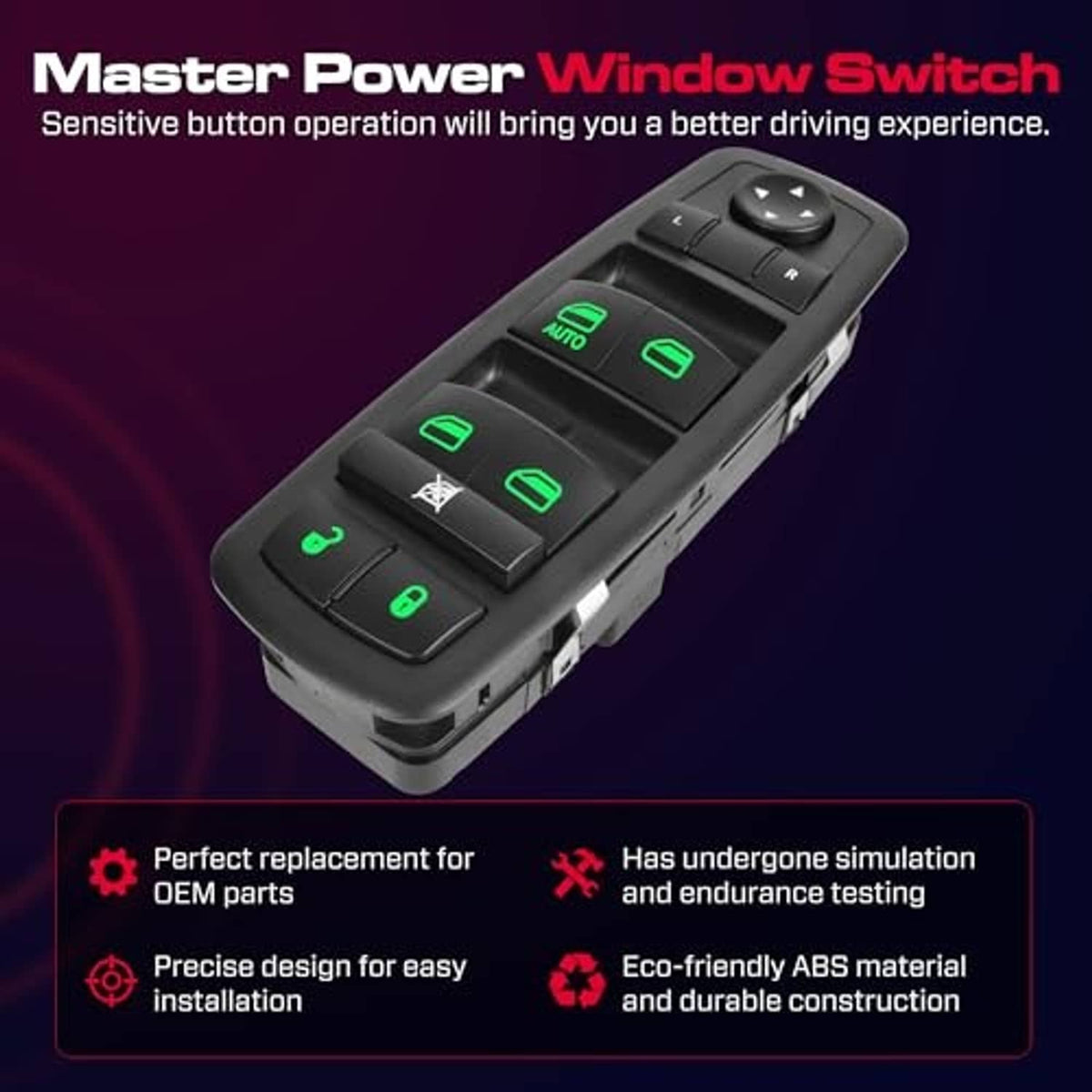 Master power window switch angled view with green highlighted control buttons