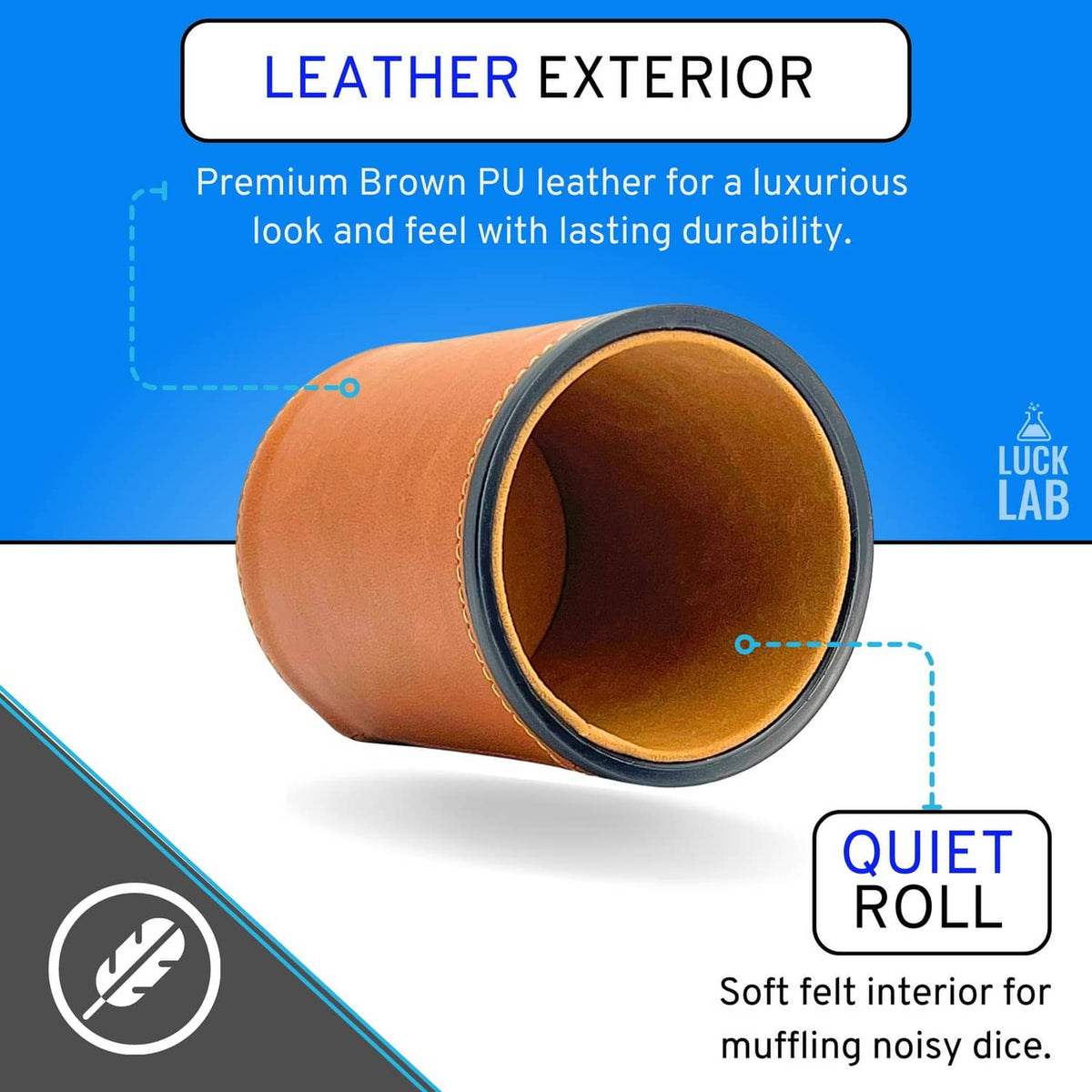 Brown leather dice cup with felt-lined interior and 6 tan dice, lid open