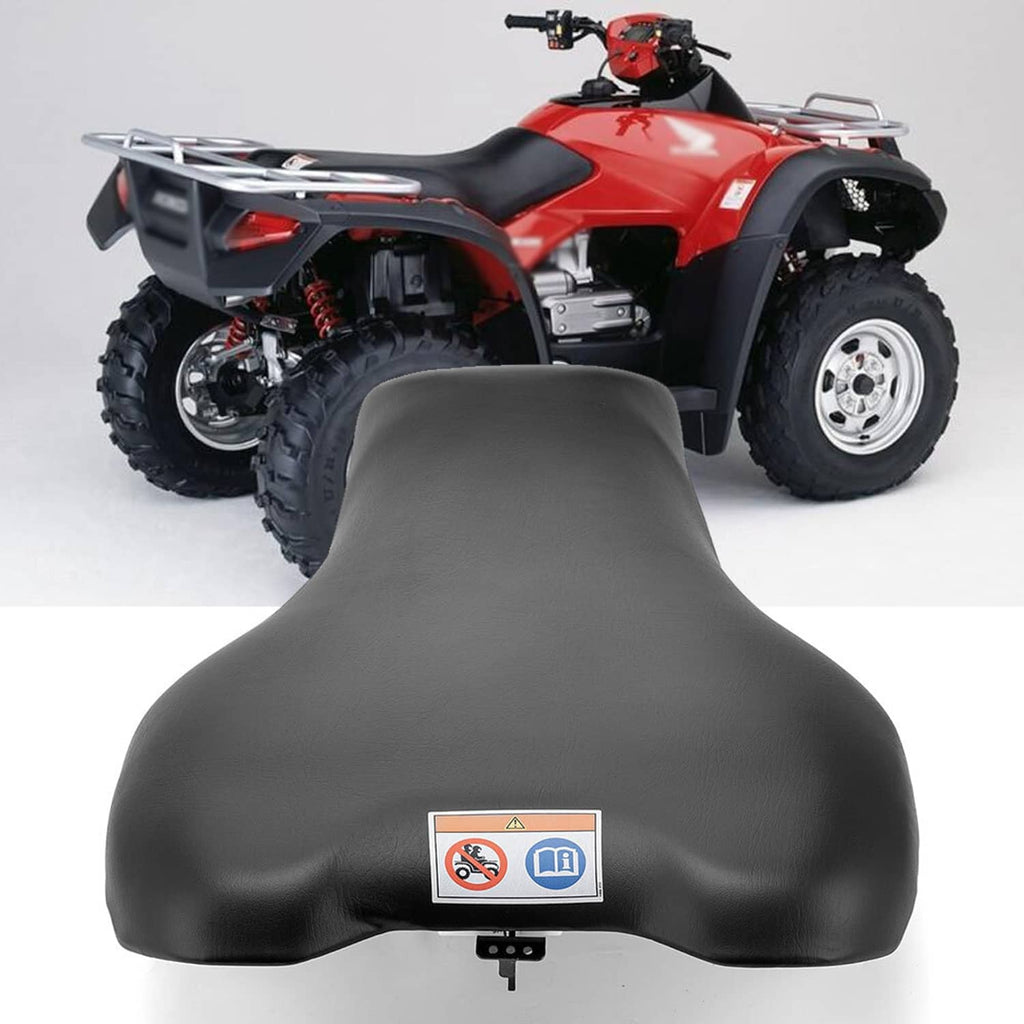 Black ATV seat with label, contoured shape, and rear handle cutout