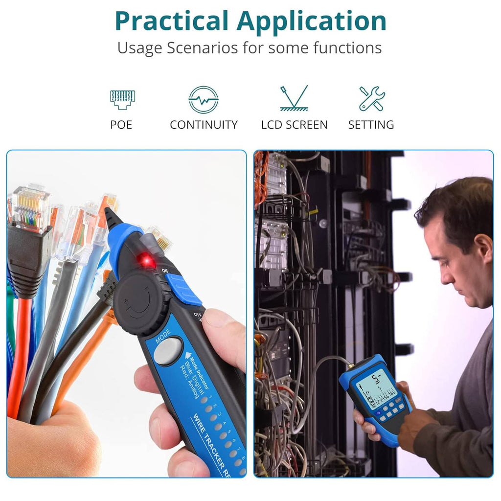 Handheld blue PoE cable tester with blue handle, used for PoE continuity and LCD screen