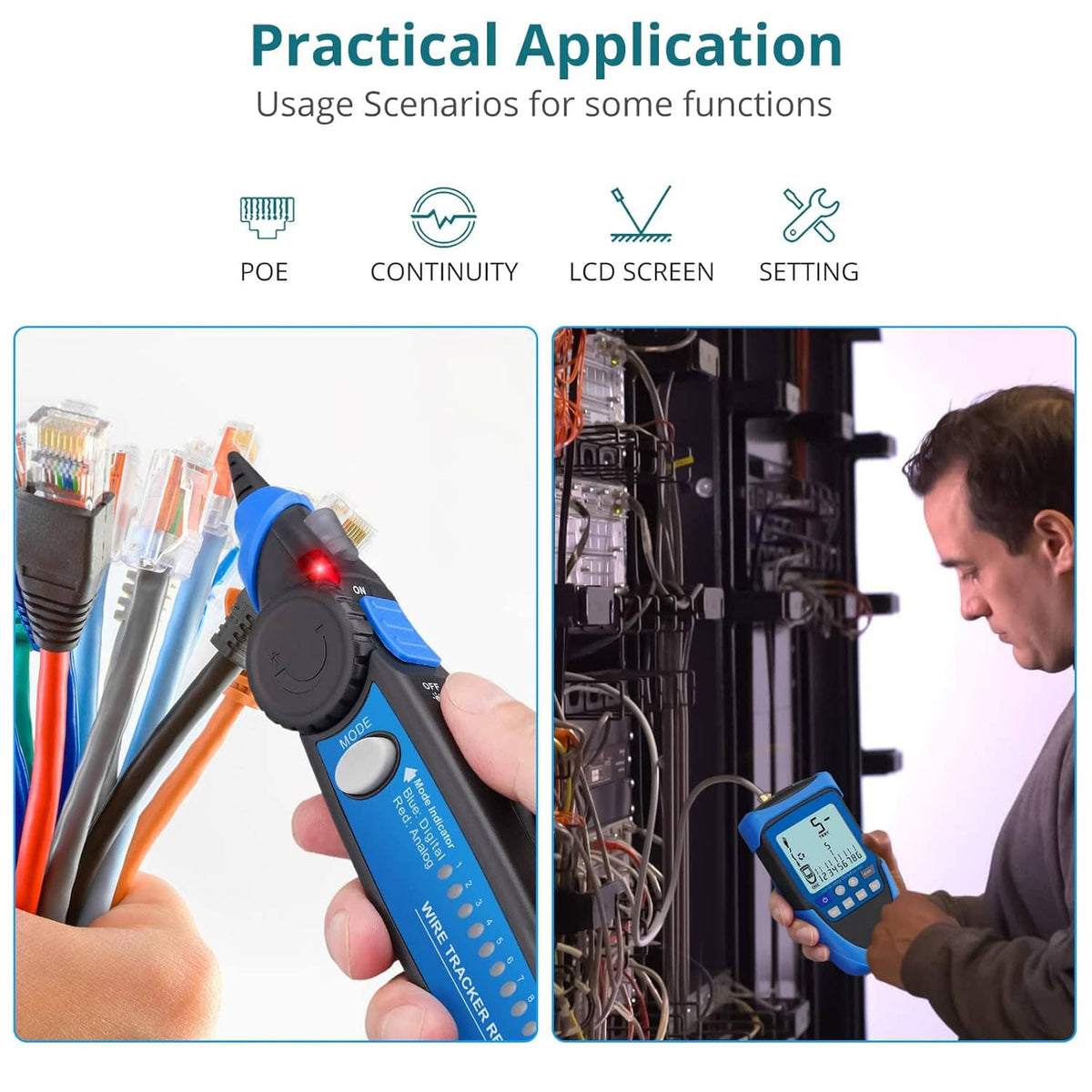 Handheld blue PoE cable tester with blue handle, used for PoE continuity and LCD screen