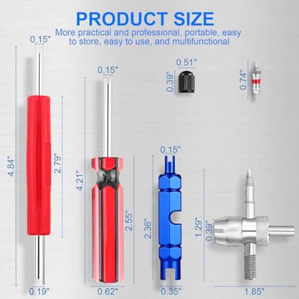 Valve core removal and installation tool set with red handle and silver threaded adapter