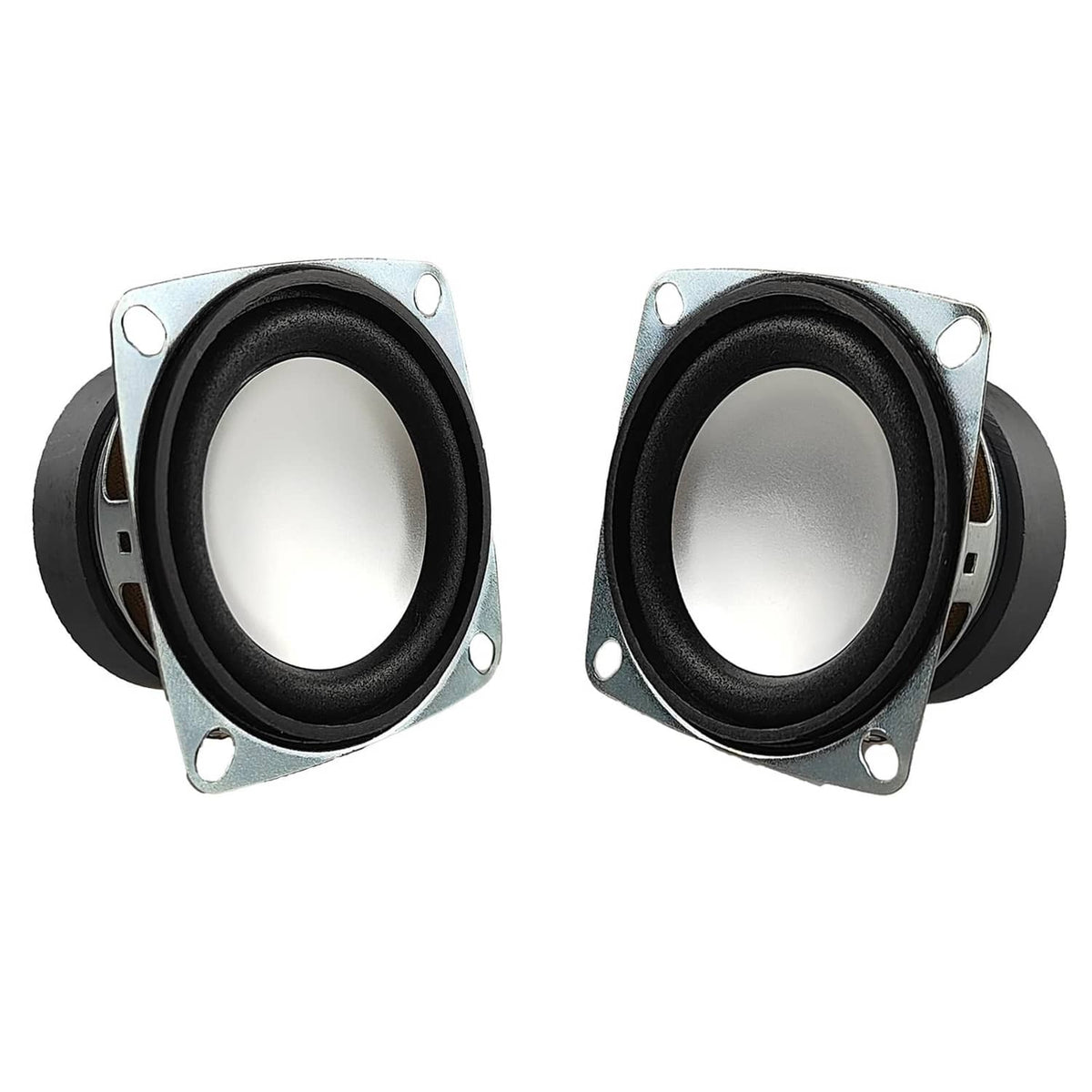 Pair of black 2-inch speaker drivers with square metal mounting frames