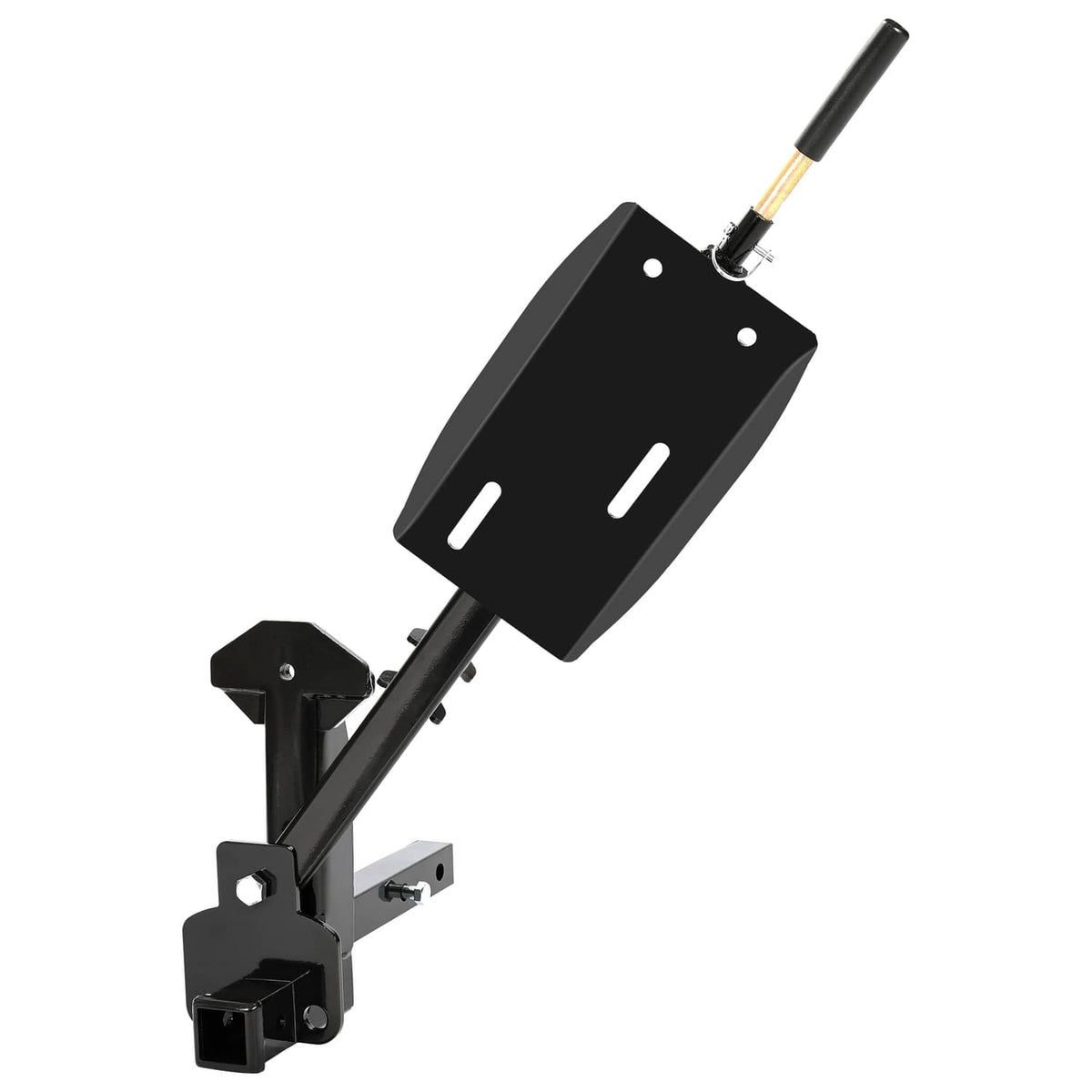 Spare tire carrier with black tire platform plate, angled support arm, and base bracket