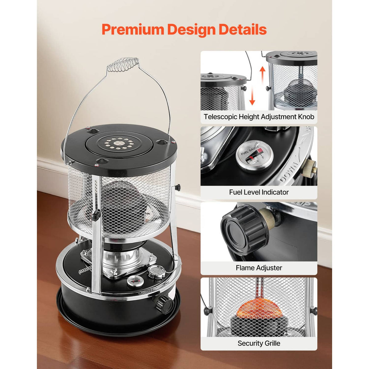 Portable kerosene heater stove with fuel level indicator, flame adjuster, and security grill