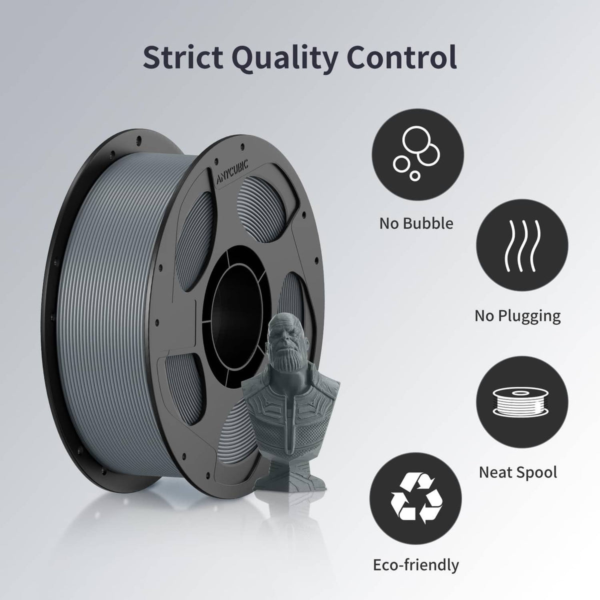 Grey PLA filament spool with quality control icons, including no-bubble and neat-spool badges