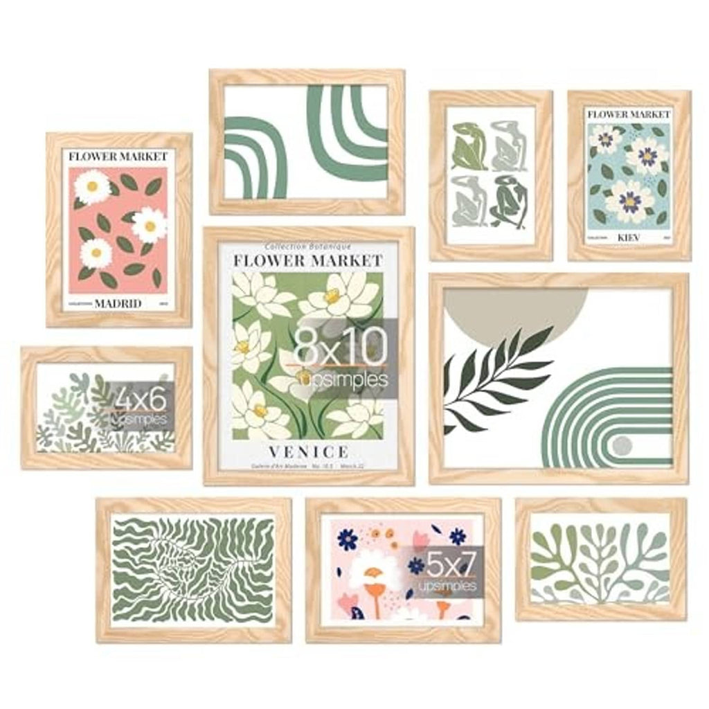 Collage of 10 natural wood picture frames with green and flower themed prints