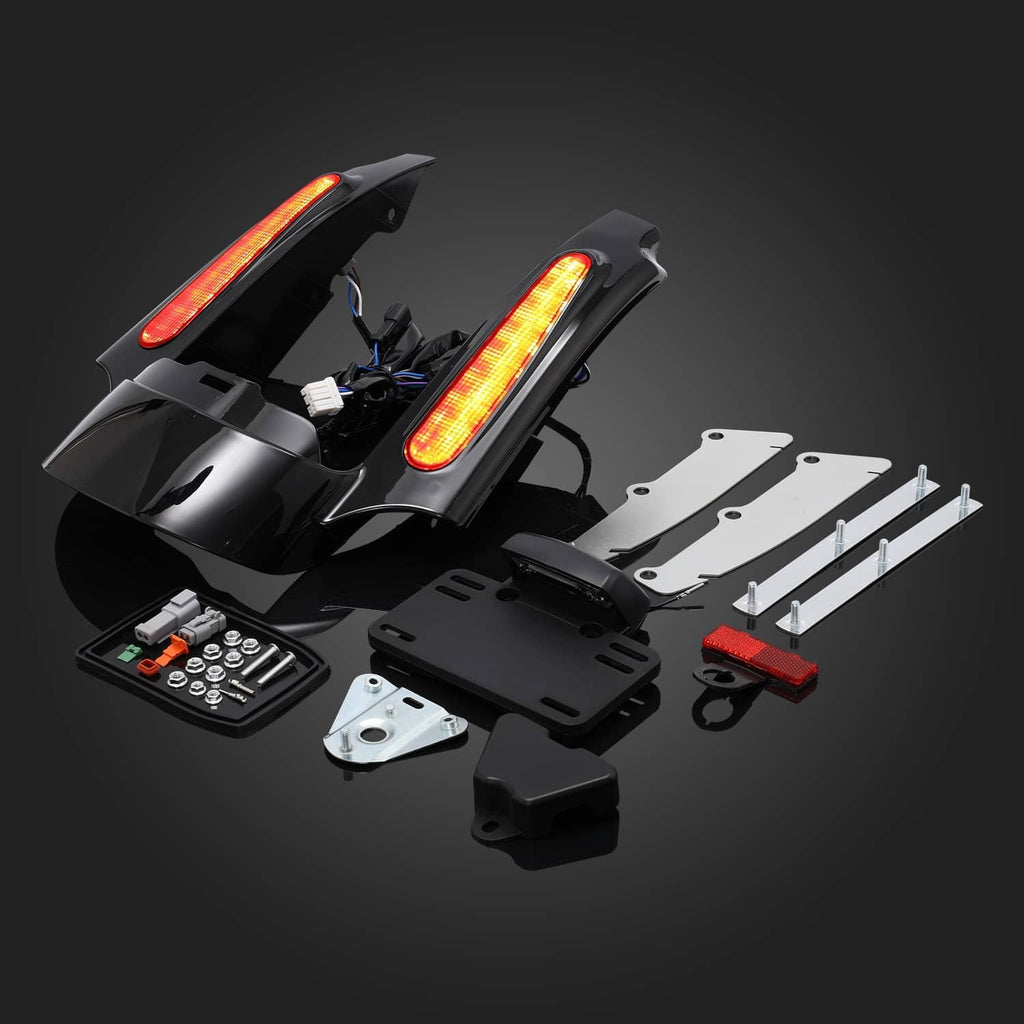Black rear fender LED light fascia kit with two amber/red light bars and mounting parts