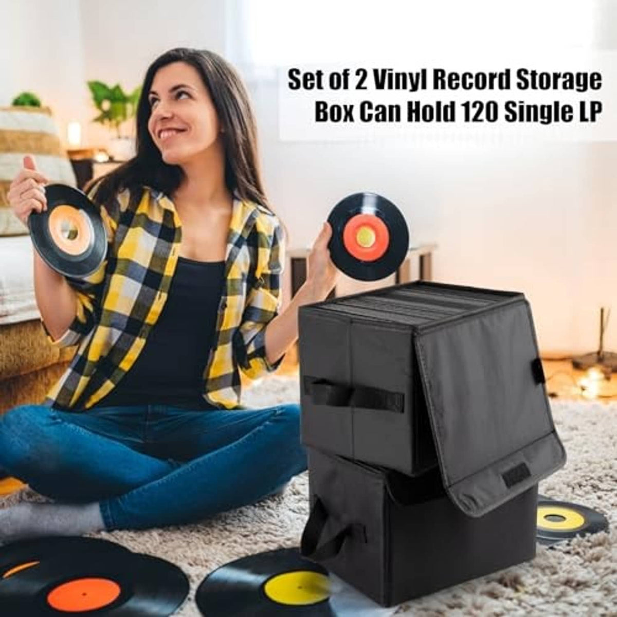 Set of 2 black vinyl record storage boxes with open foldable lids and straps