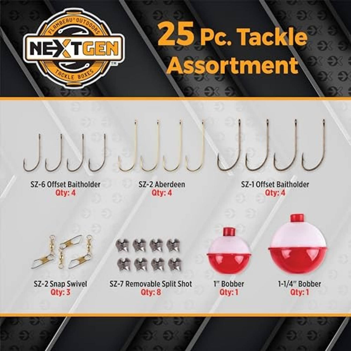 Fishing tackle assortment display with offset bait hooks, bobbers, and swivel clips