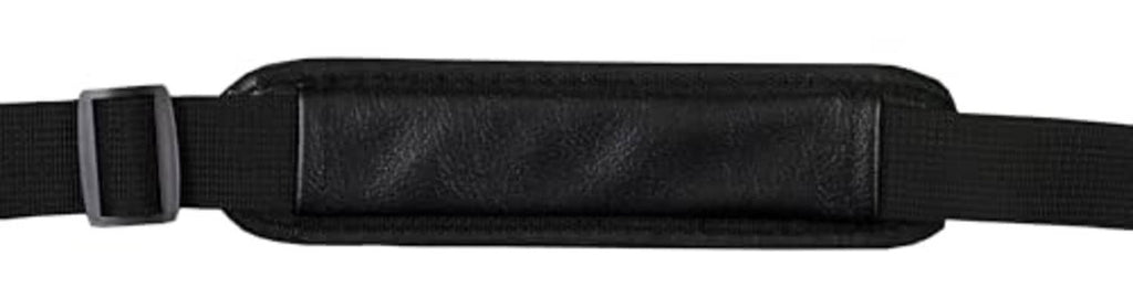 Black padded cue case with webbing shoulder strap and side buckle