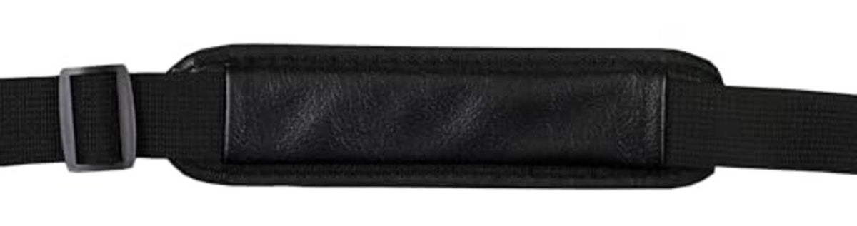 Black padded cue case with webbing shoulder strap and side buckle