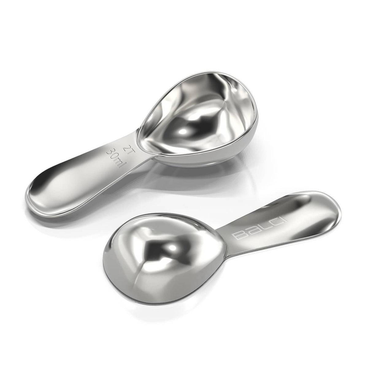 Two polished stainless steel coffee scoops with measurement markings