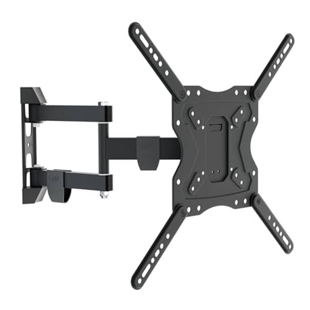 Full-motion TV wall mount bracket in black with swivel arms and rectangular mounting plate