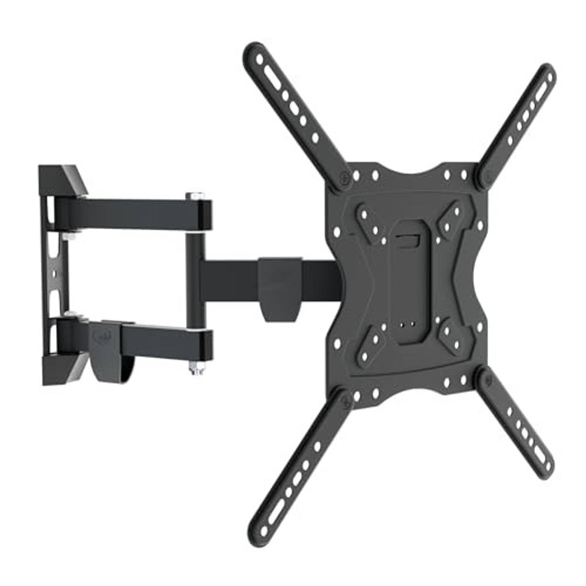 Full-motion TV wall mount bracket in black with swivel arms and rectangular mounting plate