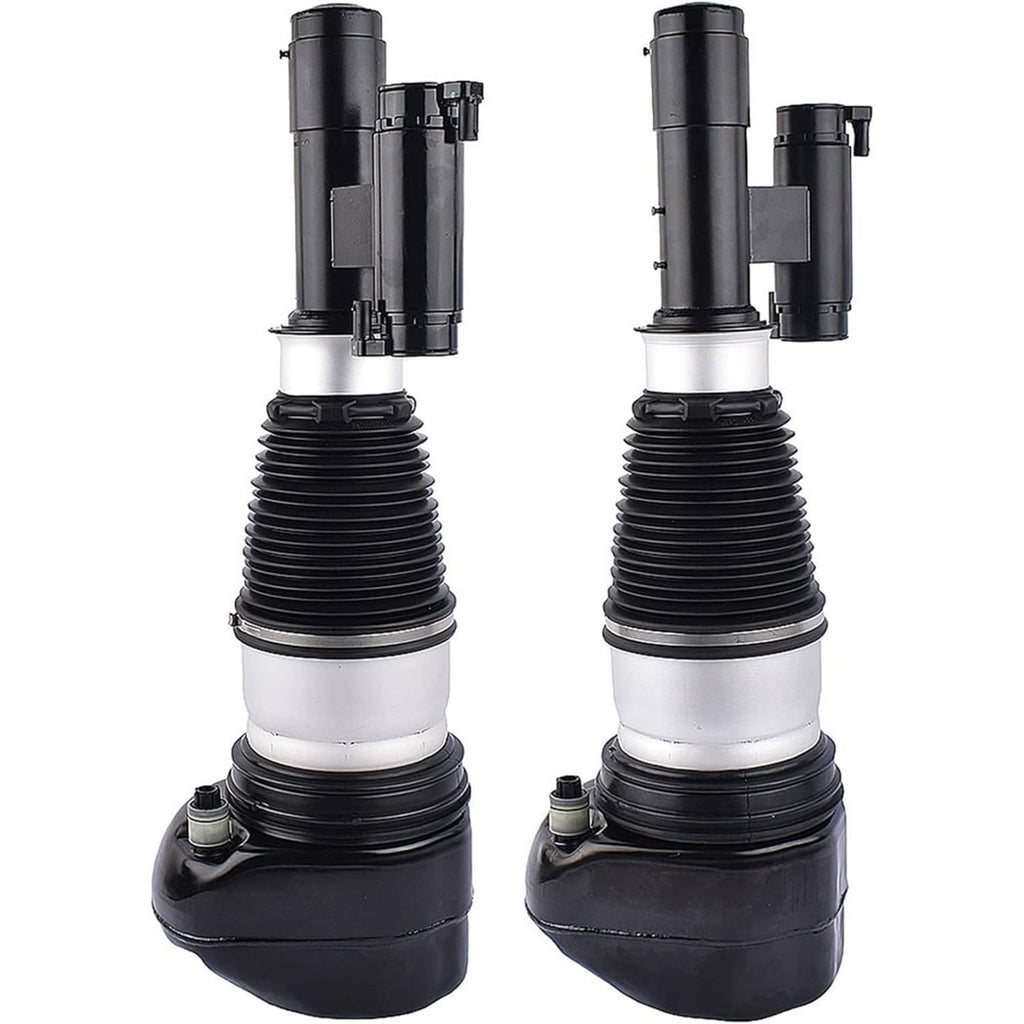 Pair of front air suspension struts with black housings, silver air springs, and mounts