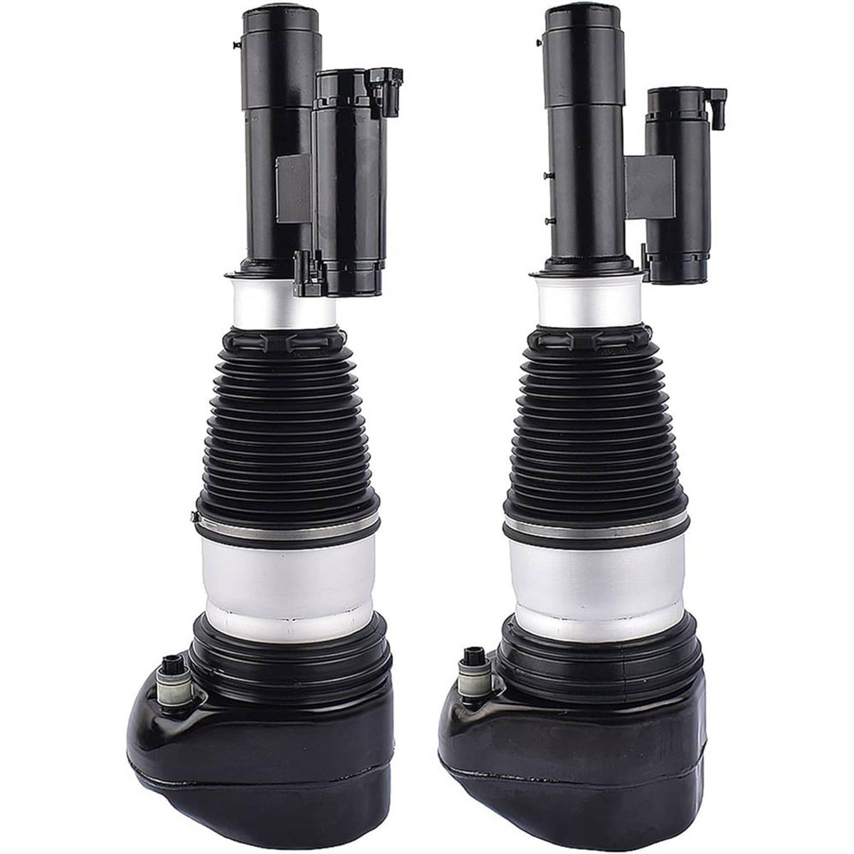 Pair of front air suspension struts with black housings, silver air springs, and mounts