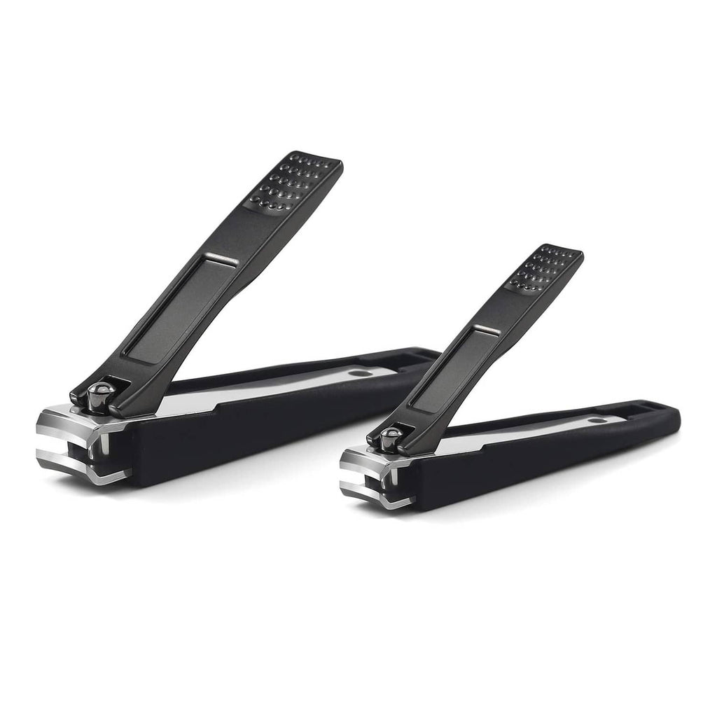 Black nail clipper set of two with silver cutting blades and textured finger grips