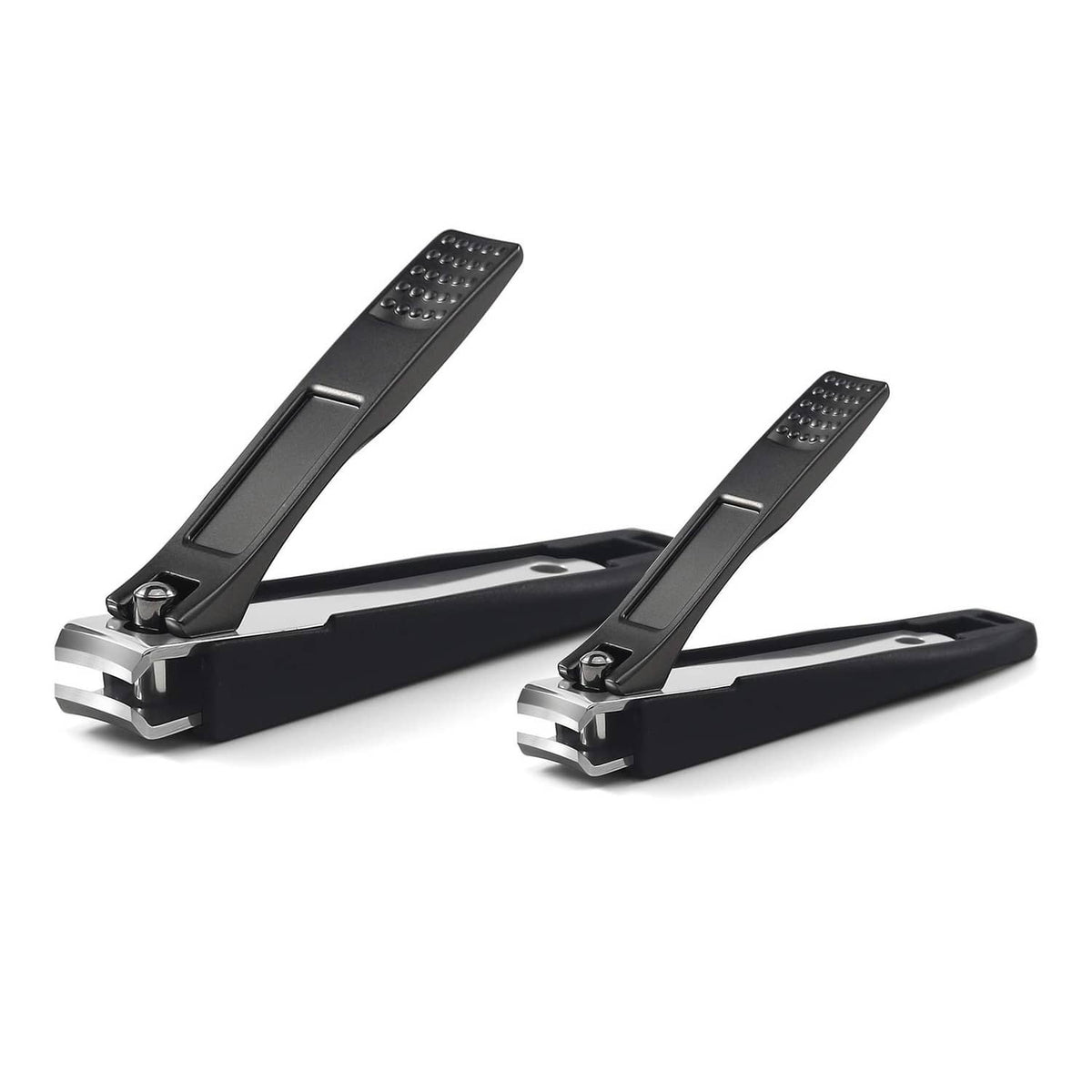 Black nail clipper set of two with silver cutting blades and textured finger grips