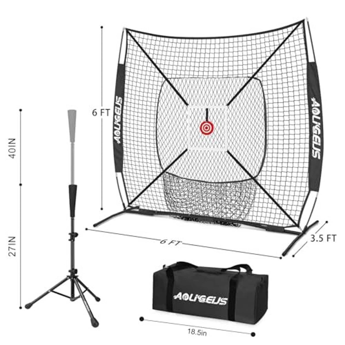 6x6 ft black pitching practice net with center target and included carry bag