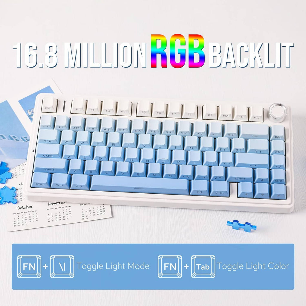 Blue mechanical keyboard with white keycaps and bright RGB backlight