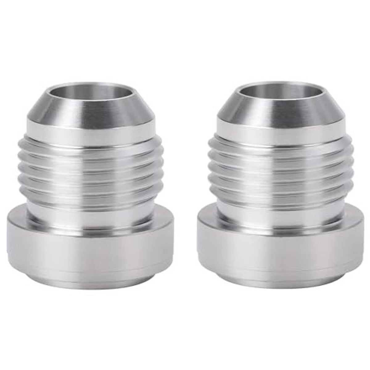AN male flare weld-on bung adapter, silver, front-bell ends, threaded (2-pack)