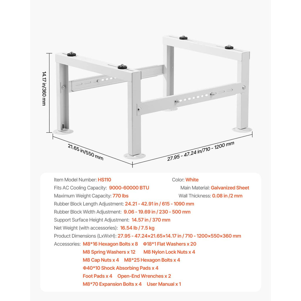 White adjustable AC mini split stand with four leveling feet and bolt-on frame