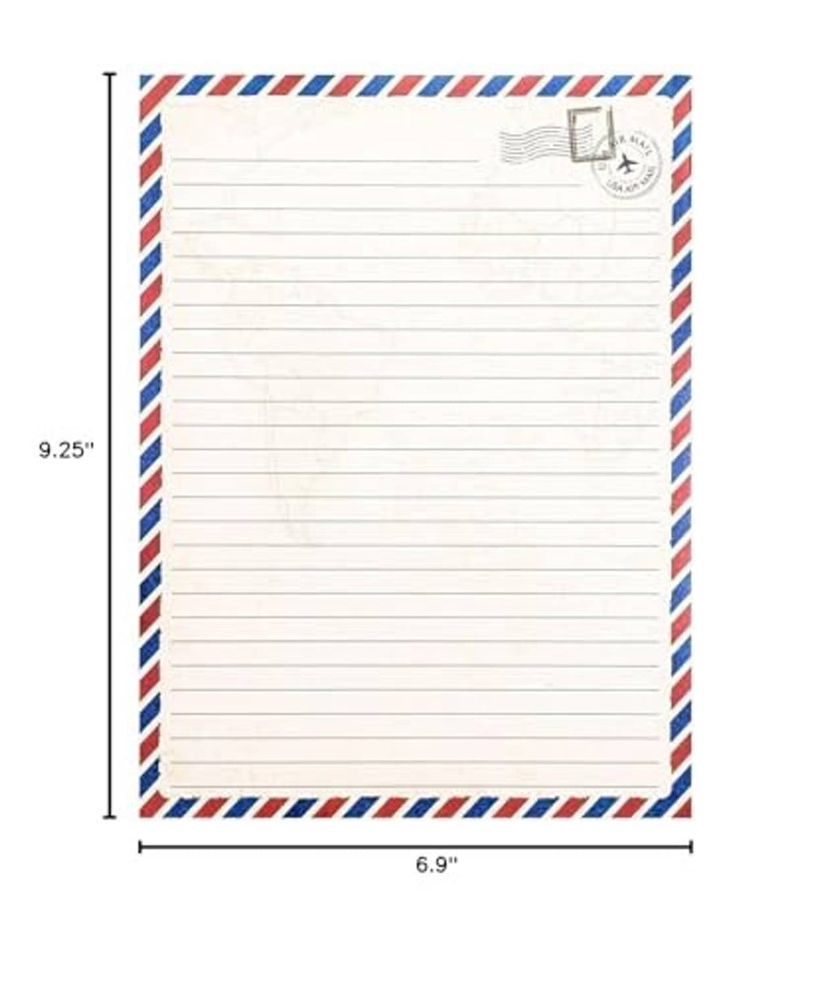 Letter paper size diagram: 6.9 in wide x 9.25 in tall, striped border with stamp
