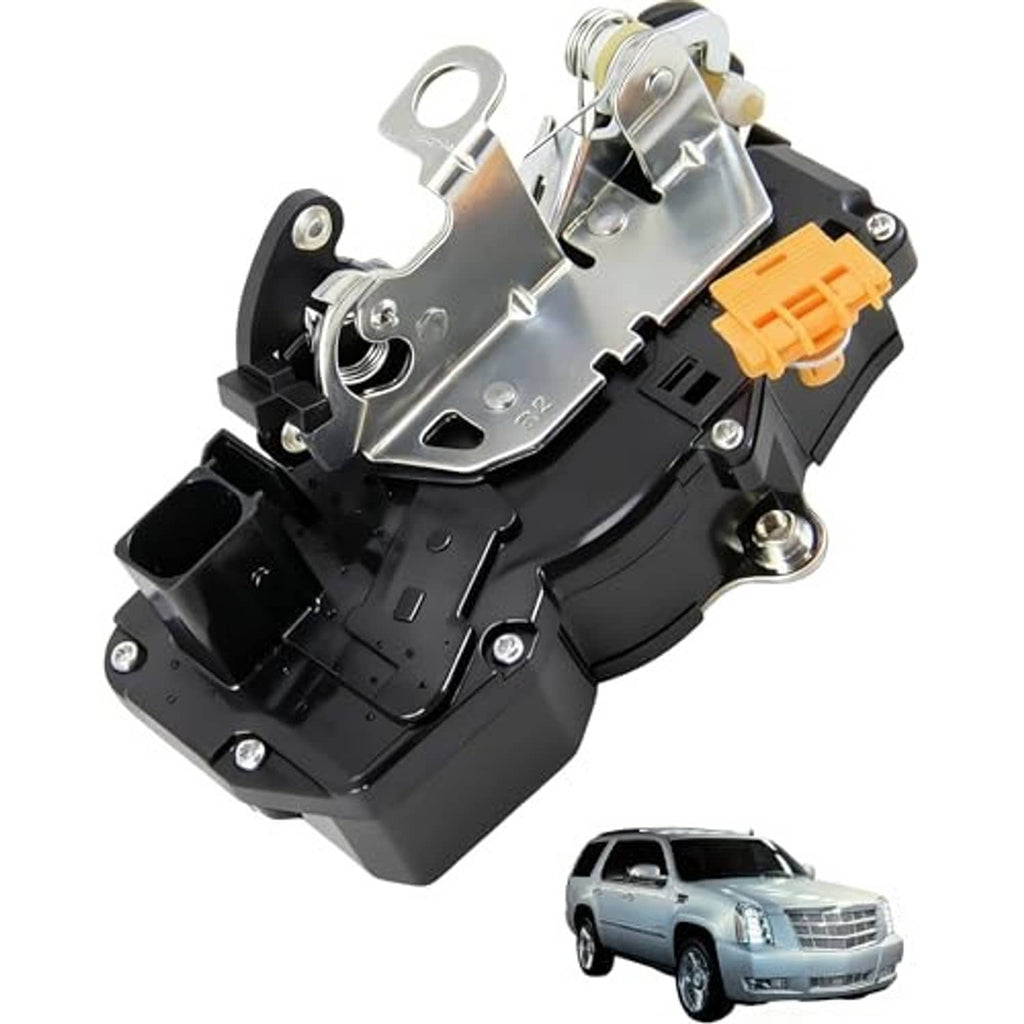 Right rear door lock actuator motor with orange electrical connector and metal latch