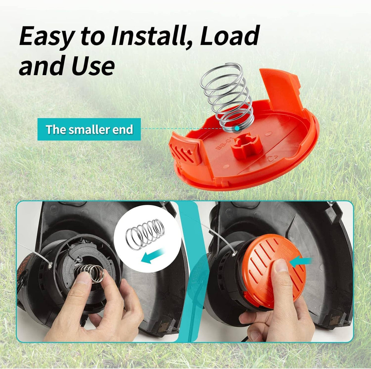 Orange trimmer line cap and metal spring for easy replacement, parts laid out for install
