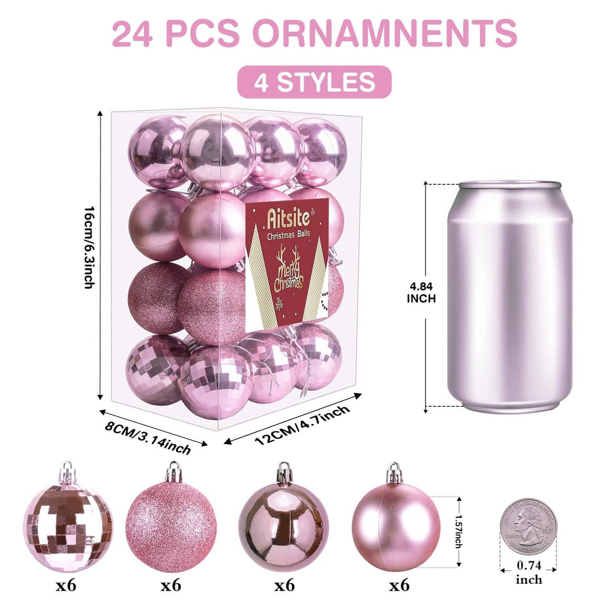 24-pack pink mini Christmas ornaments, mixed styles; size shown on packaging