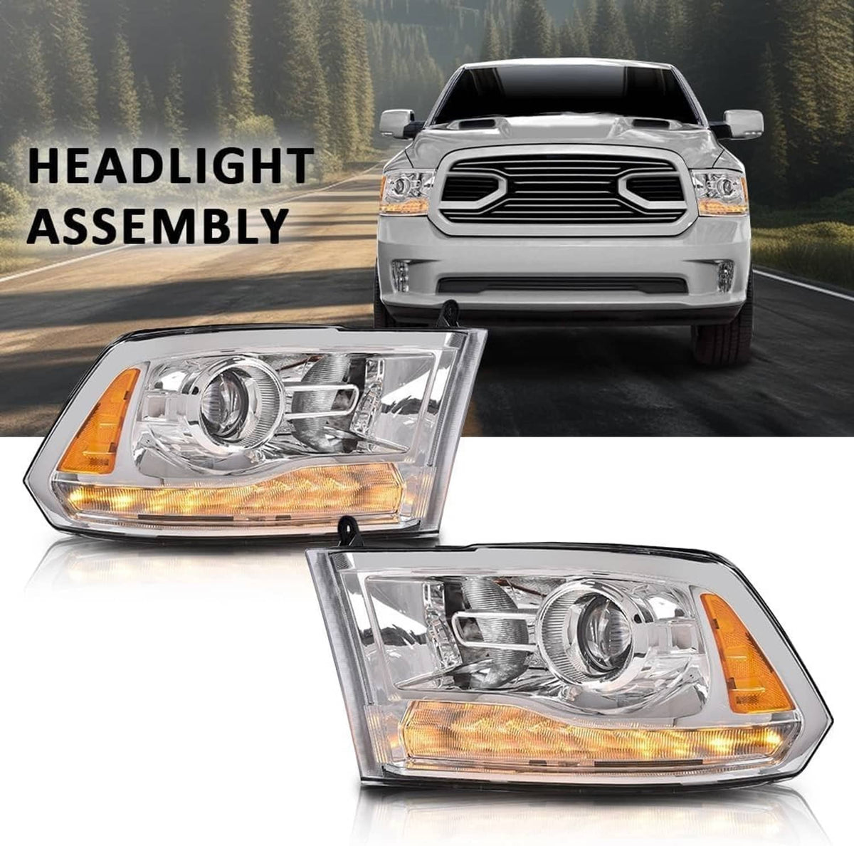 Chrome projector headlight assembly pair with amber side marker lights