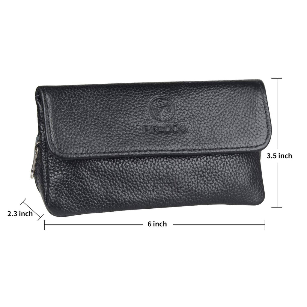 Black pebbled leather two-pipe pouch with front flap and snap button closure