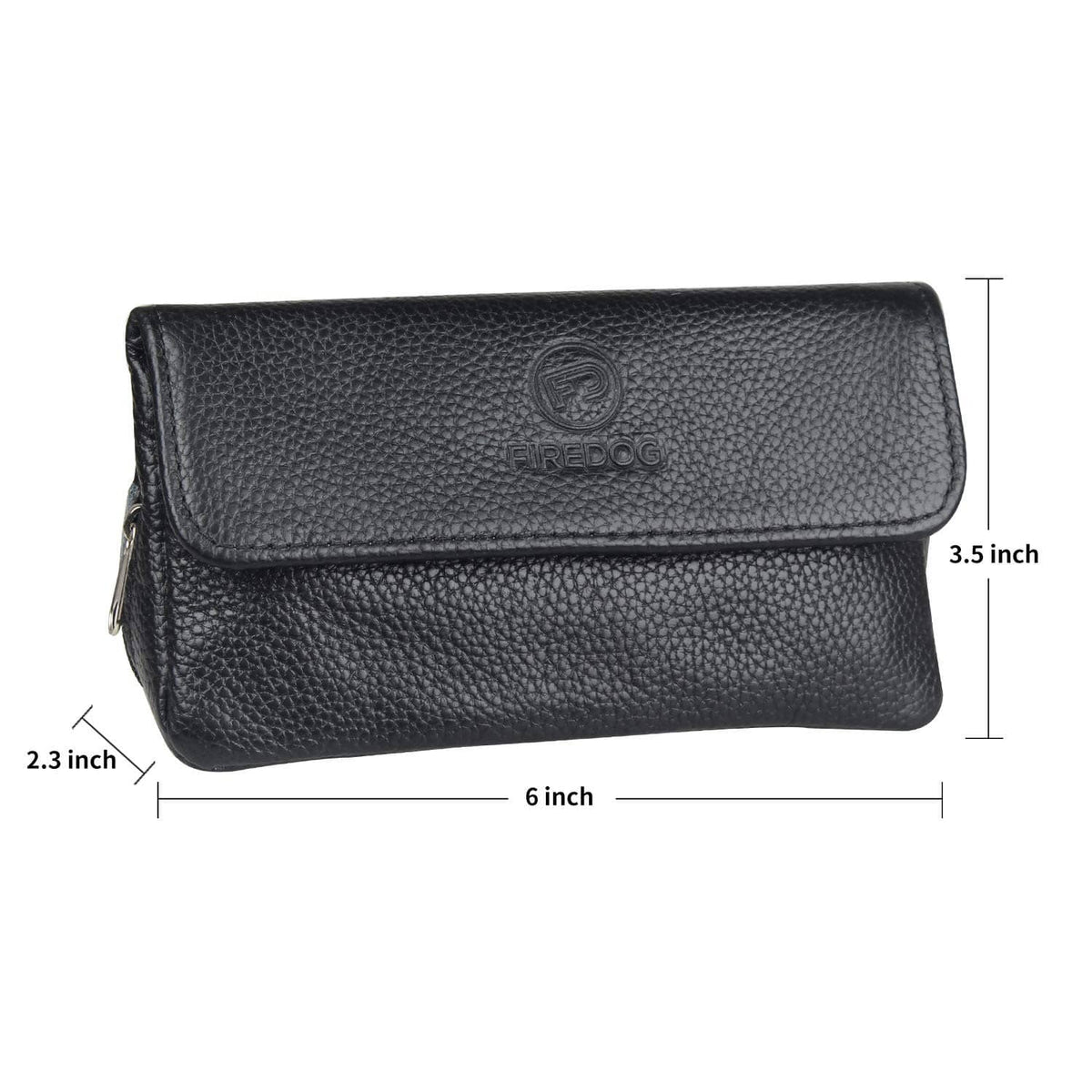 Black pebbled leather two-pipe pouch with front flap and snap button closure