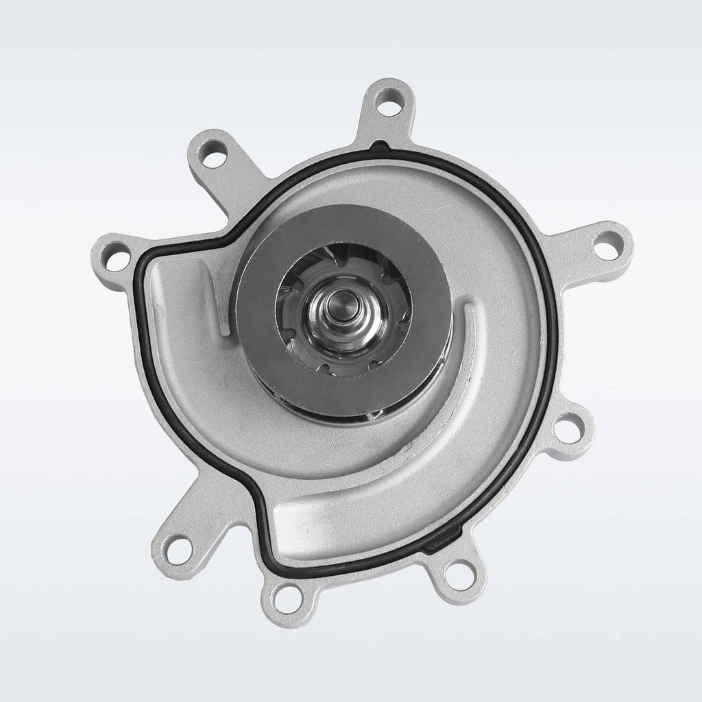 Water pump housing from above with black center seal and silver mounting flange