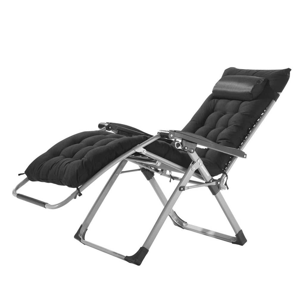 Reclining lounge chair with dark padded seat, adjustable metal frame, and footrest