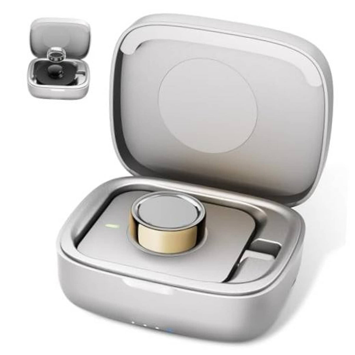 Oura Ring charging case, gray with hinged lid open and metal charging cradle inside