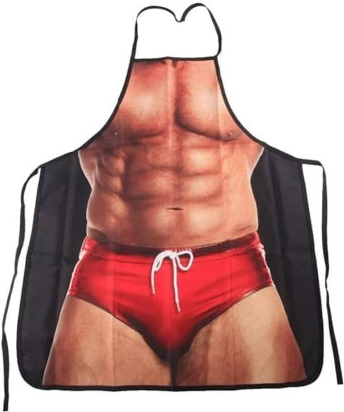 Novelty kitchen apron full front view, black ties and red shorts over torso print