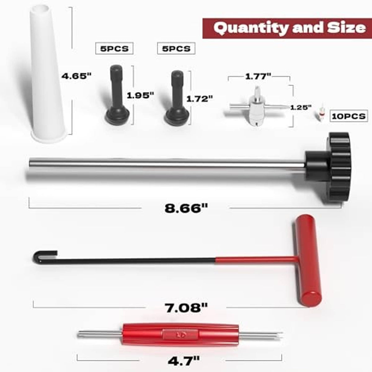 Tire valve stem tools with long metal bar and red T-handle remover