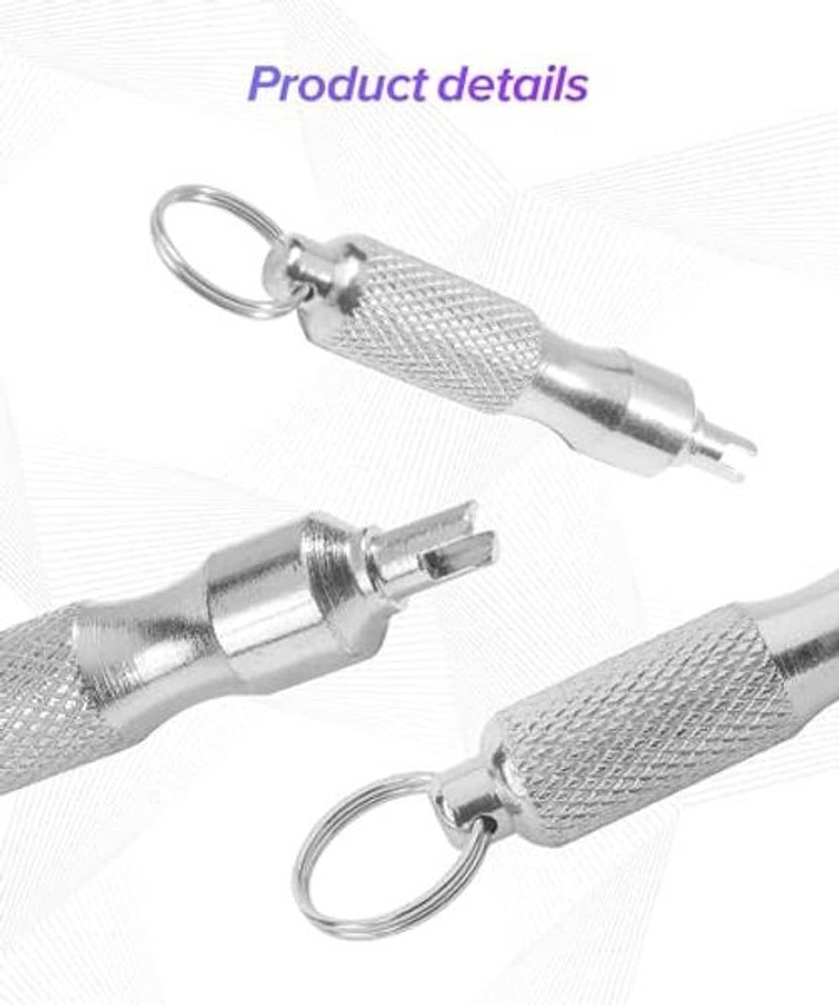 Valve core removal tool with knurled handle, keyring loop, and threaded tip