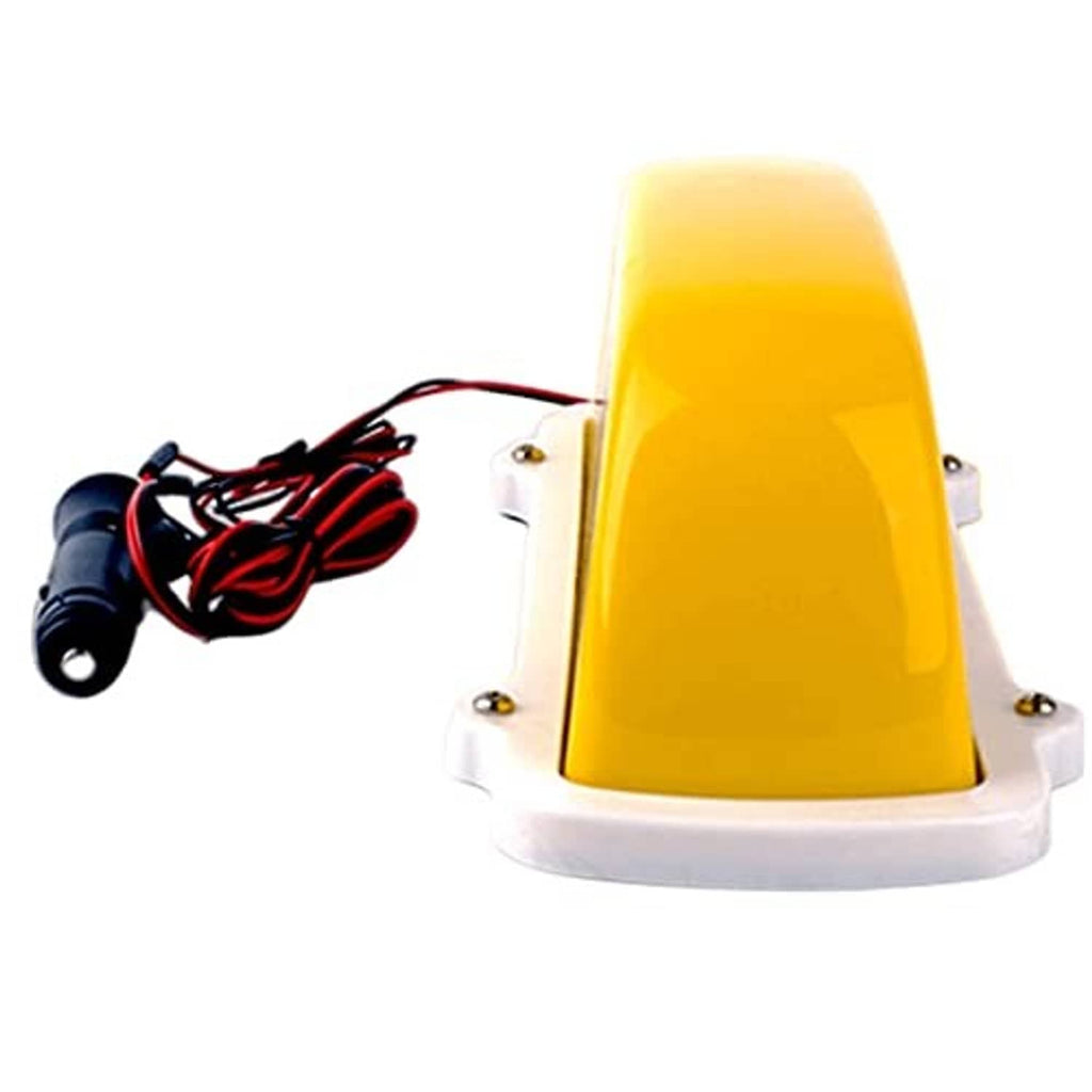 Yellow taxi roof LED sign light from side view with mounting base and power wires.