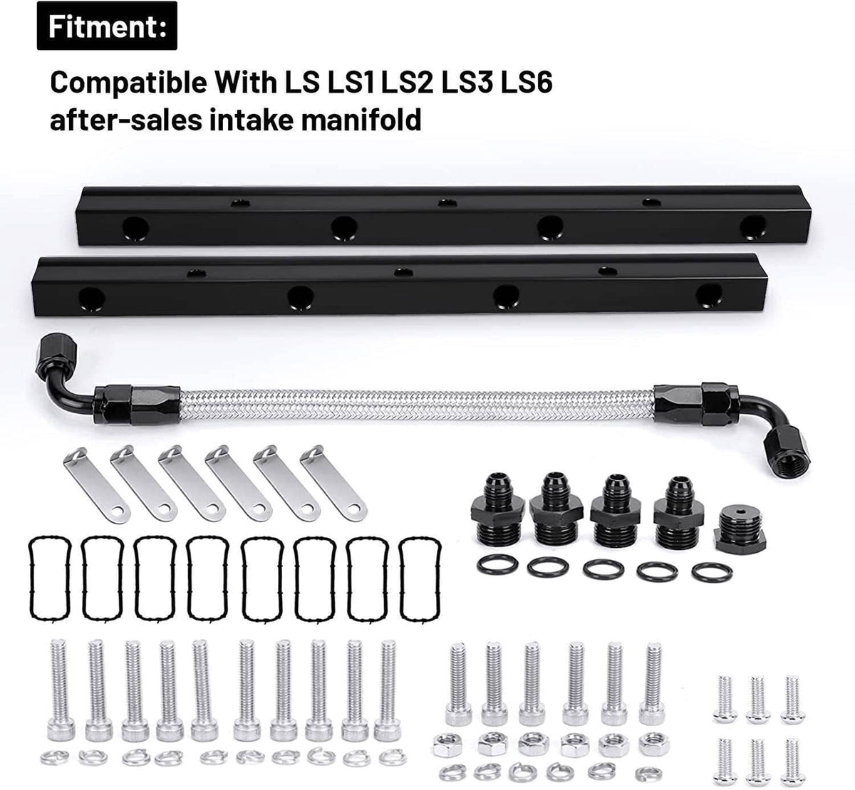 Black fuel rail kit with crossover line, fuel line adapters, bolts, and O-rings