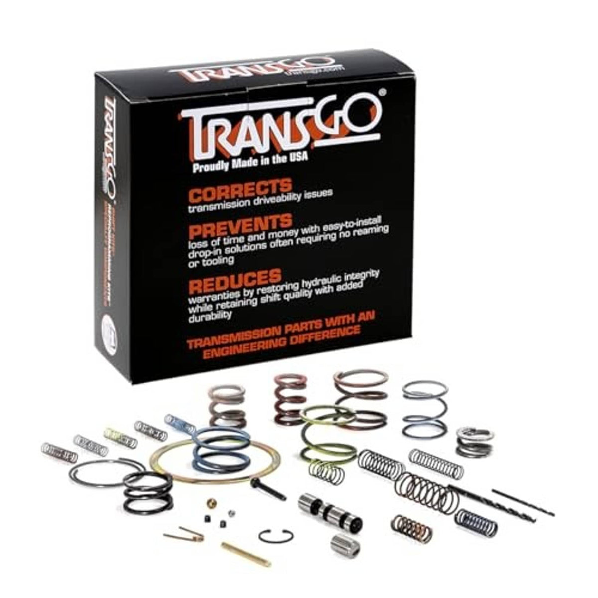 TransGo automatic transmission shift kit with parts laid out beside the front box