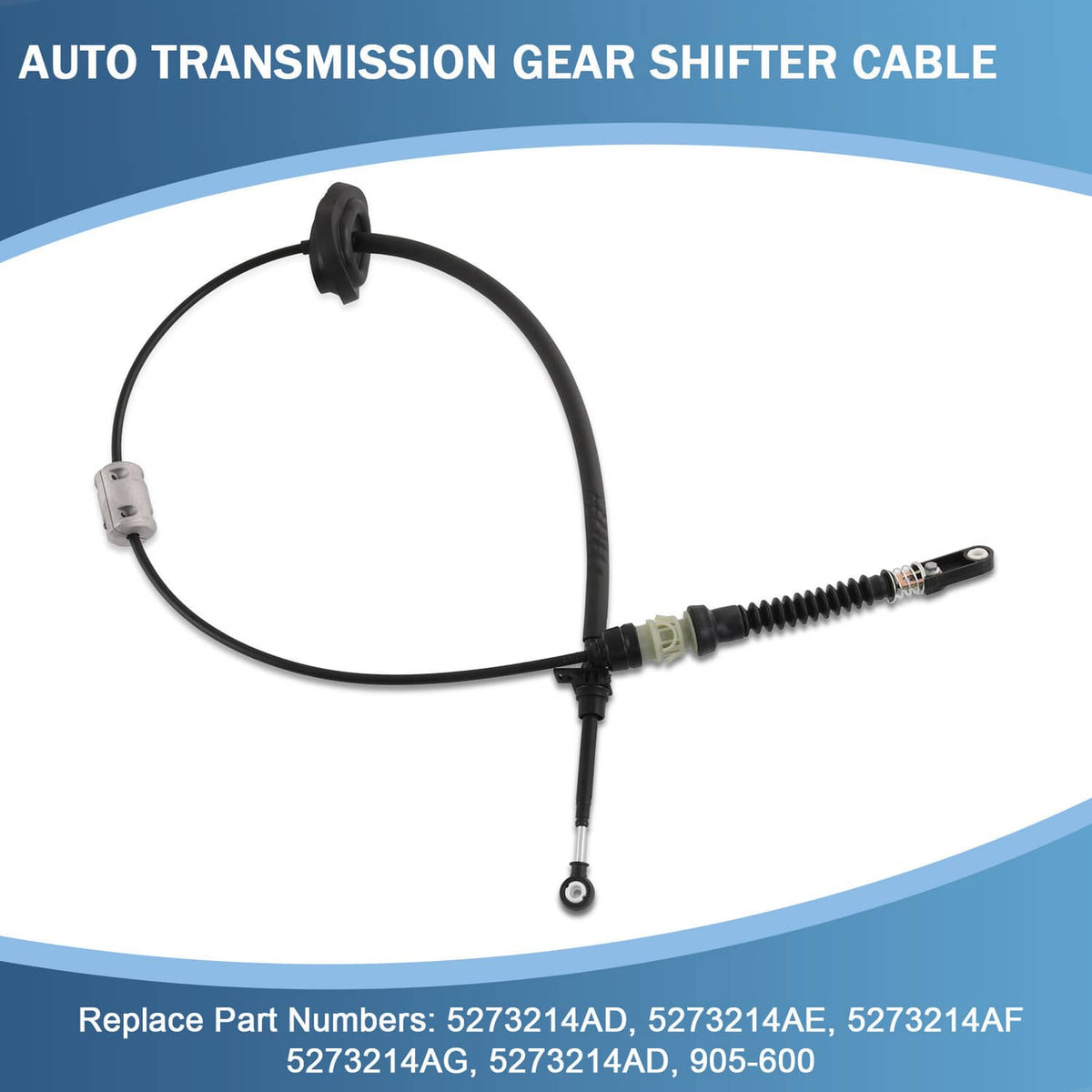 Auto transmission gear shift cable with black curved line and metal mounting ends