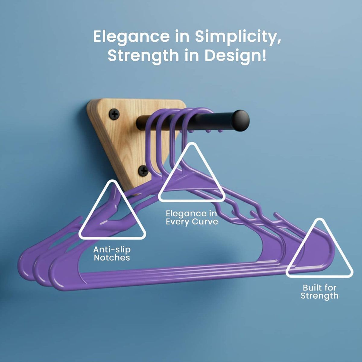 Purple plastic hangers with anti-slip notches and sturdy, smooth frame