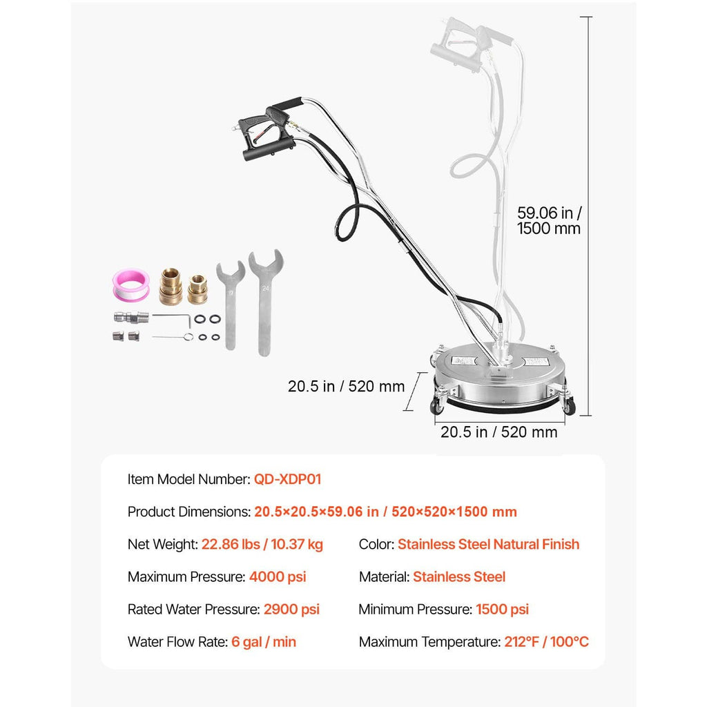 20-inch pressure washer surface cleaner with dual handles and rotating round base, wheels