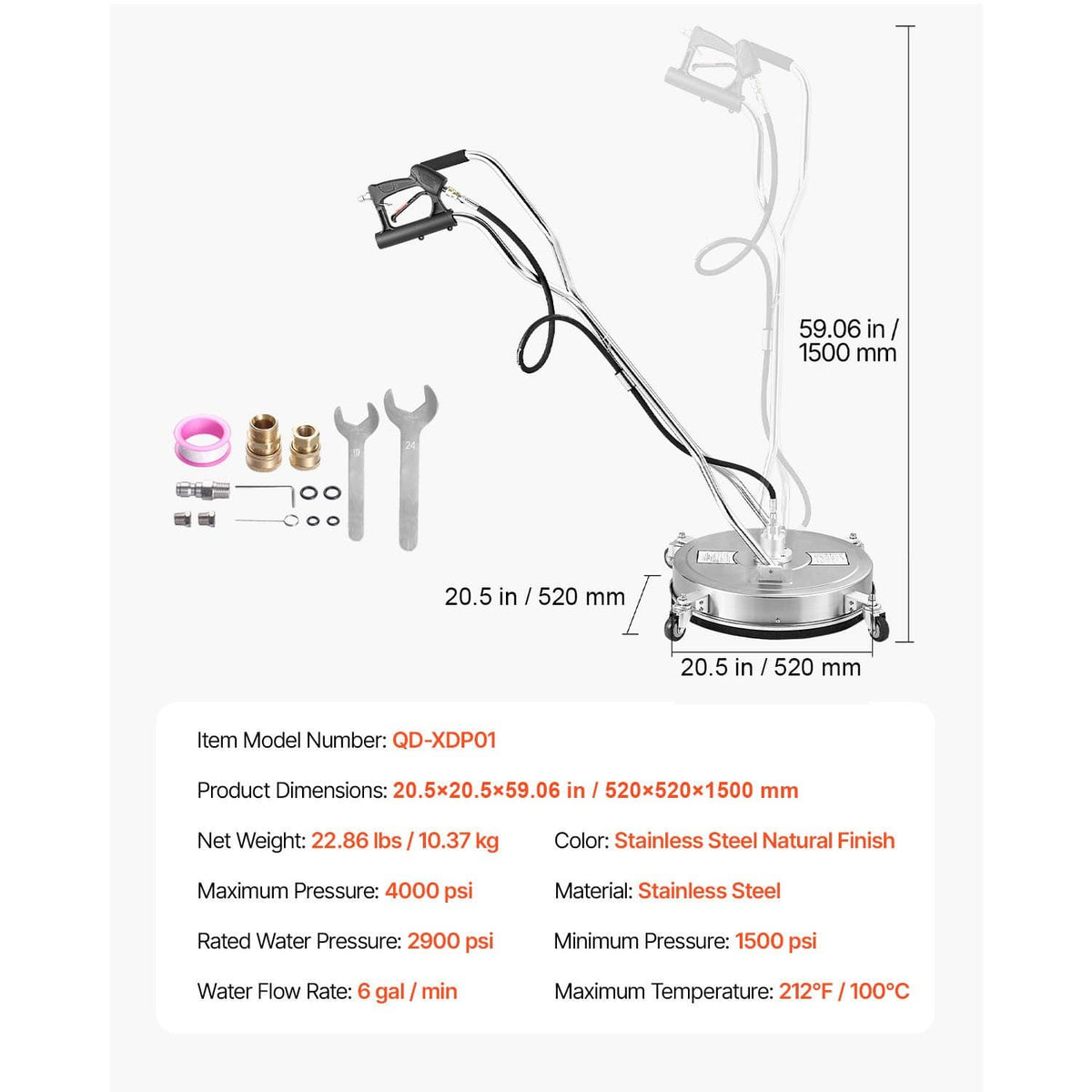 20-inch pressure washer surface cleaner with dual handles and rotating round base, wheels