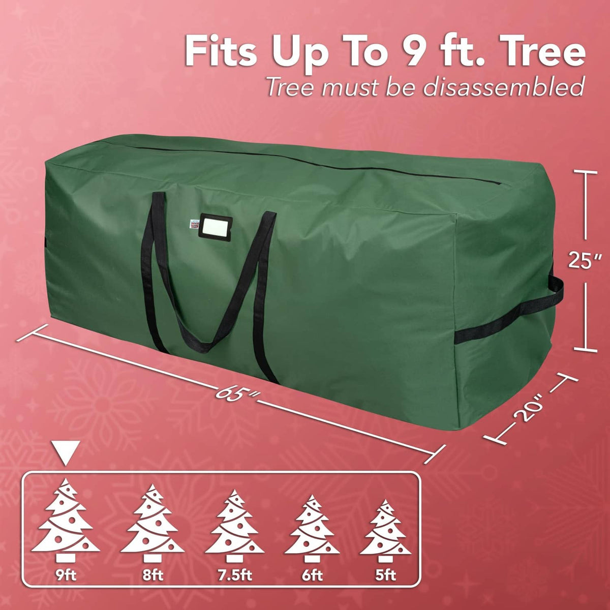 Green Christmas tree storage bag for up to 9 ft tree, with black handles